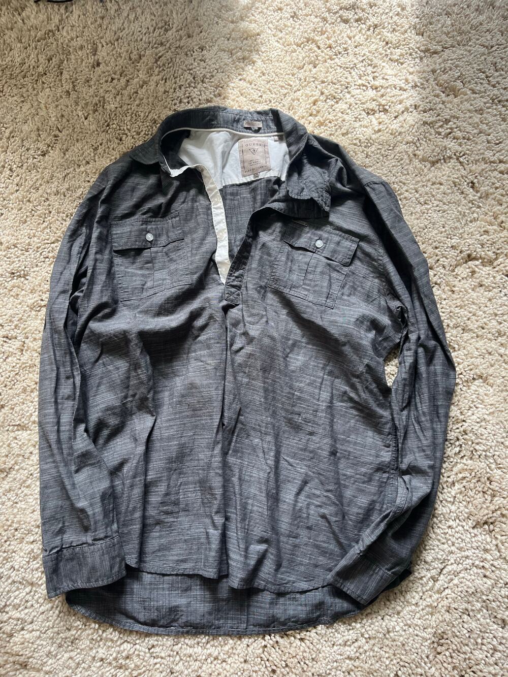 Guess charcoal grey long sleeve button-up shirt with twin chest pockets